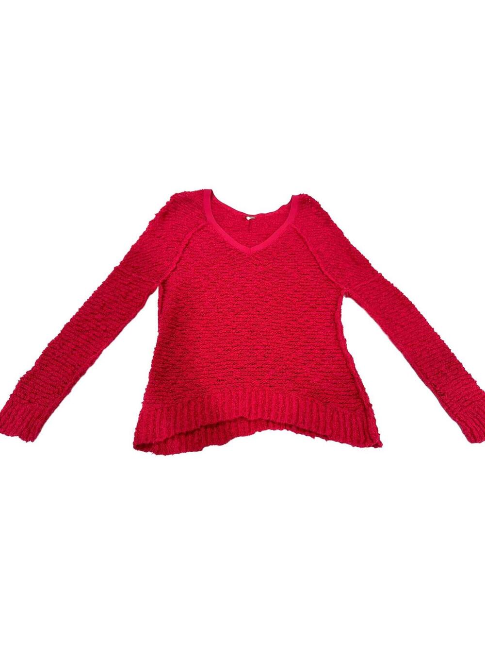 Free People Songbird V Neck Knit Pullover Sweater Flare Bell Sleeve Hot Pink XS - Picture 2 of 9